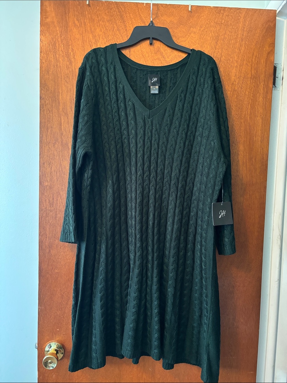 JM Collection Dark Green Cable-Knit V-Neck Sweater Dress